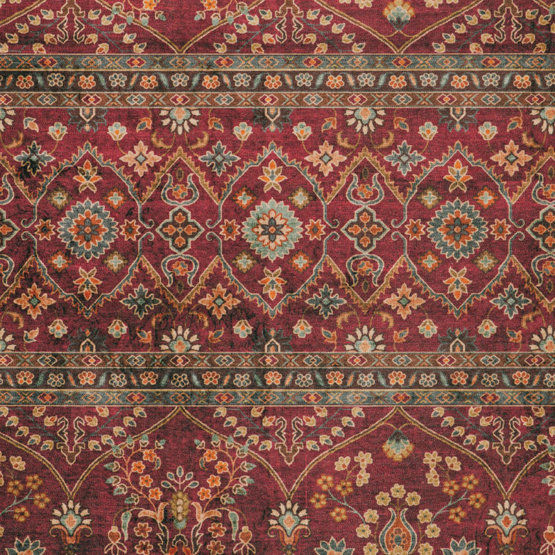 Ducote Washable Garnet and Ivory Machine Woven Area Rug, Runner 2' x 8'