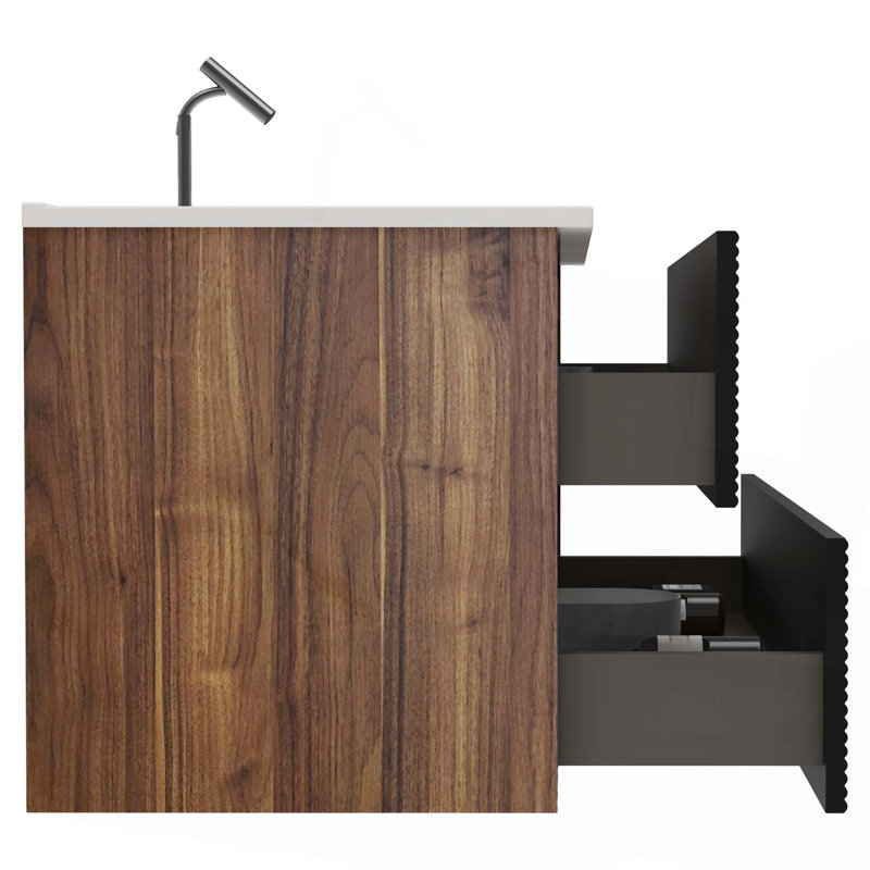 Meuble-lavabo mural brut avec lavabo en céramique intégré avec trop-plein, grand meuble-lavabo flottant de rangement pour salle de bain moderne, pré-assemblé