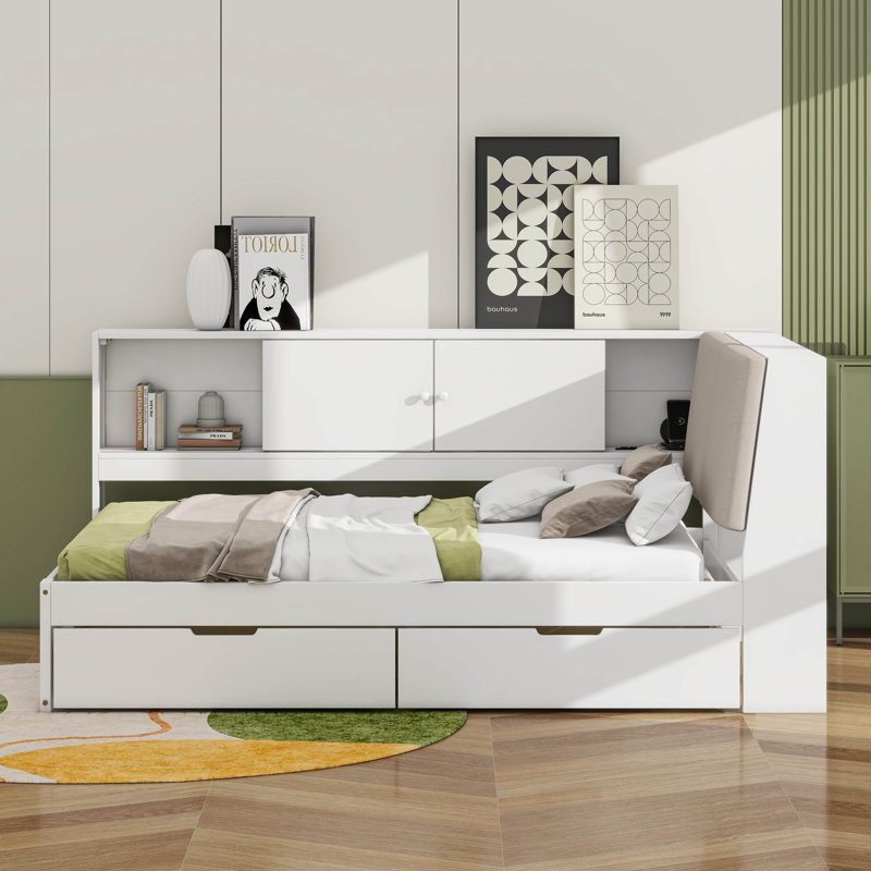 Full Size Corner Bed Frame With Storage Bookcase And Upholstered Headboard, Charging Station And Drawers, Full, White