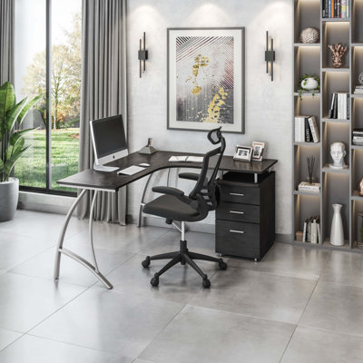 Bureau d'ordinateur moderne en L avec classeur et rangement
