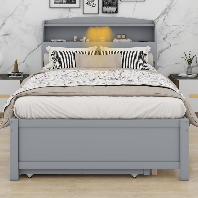 Lit plateforme en bois avec lit gigogne et tête de lit à DEL avec tiroirs, Double, Gris