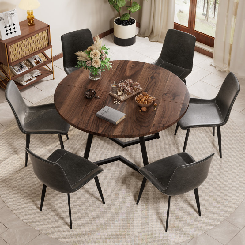 Mid Century Round Dining Table Sets, Walnut, 7, Gray