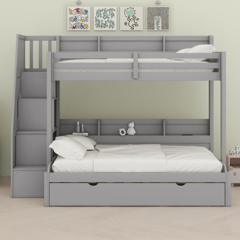 Multifunctional Storage Staircase Bunk Bed With Trundle And Integrated LED，USB，Shelves, Gray