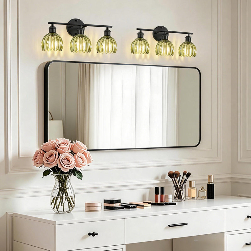Luminaire de salle de bain moderne 19,3 pouces à 3 lumières en noir mat avec abat-jour en verre tulipe vert, Vert, Noir mat