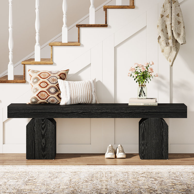 Entryway Bench, 59" Long Shoe Bench With Arched Bases, Wooden Indoor Furniture For Entryway, Black