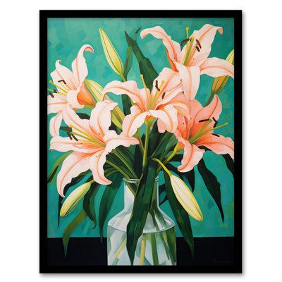 Peach Lilies Teal Green Pink Flowers Colourful - Single Picture Frame Print