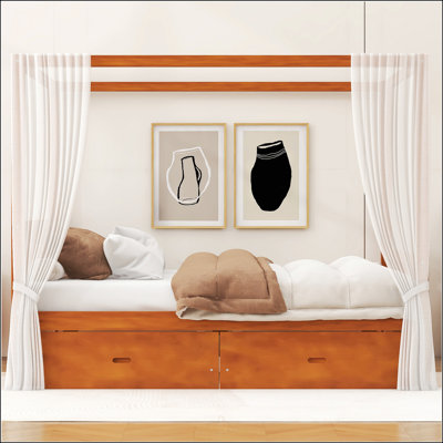 Lit à baldaquin en bois élégant avec tiroirs de rangement, très grand, finition noyer, pour les chambres modernes et classiques