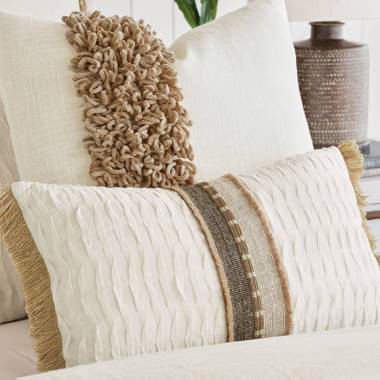 Natural Jute Throw Pillow with Pom Poms Border