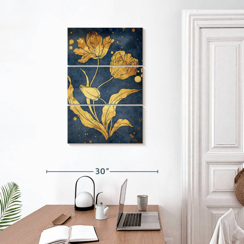 Floral bleu doré maté, H 32 po x l 20 po