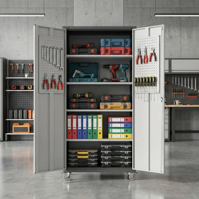 71-Inch Metal Garage Storage Cabinet With Wheels Heavy-Duty Tool Storage For Home/Office/Garage Black/Gray