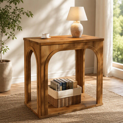 Four-Side Arched Farmhouse Solid Wood End Table, 2-Tier Rustic Sofa Side Table & Nightstand