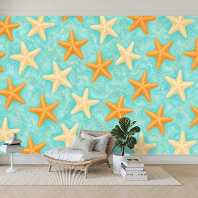 Murale auto-adhésive moderne pour la chambre à coucher Peel and Stick L 100 po x l 144 po avec imprimé étoile de mer orange