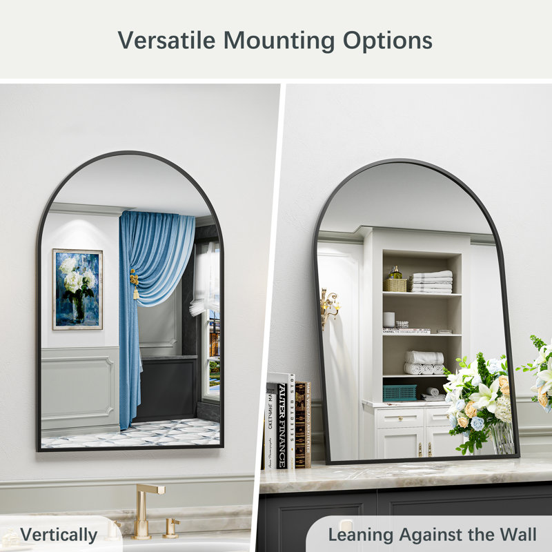 Matte Black Arch Vanity Mirror with Aluminum Alloy Frame, HD Tempered Glass, French Cleat Mounted Wall Decor Bathroom Vanity Mirror