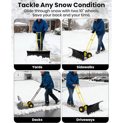 Poussoir à neige 29-36 po en acier robuste avec roues, lame réglable et poignée pour l'allée