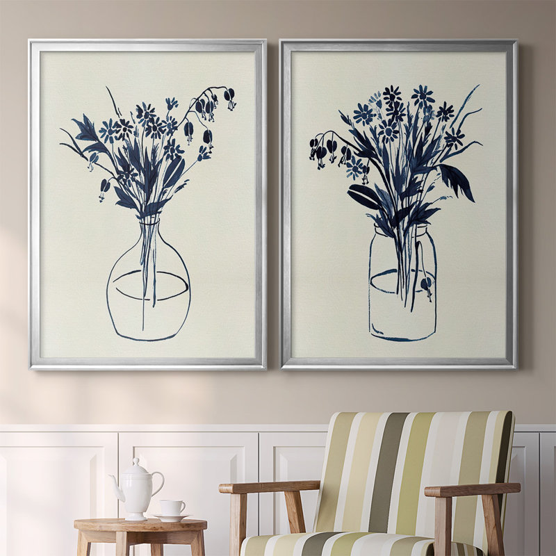 Indigo Floral Vase I - Ensemble de 2 reproductions de cadres photo sur toile, Argent, H 24,5 po x l 37 po x P 1,25 po