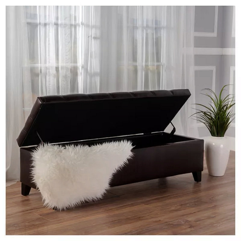Banc de rangement avec repose-pieds, surface en polyuréthane / pieds en bois d'hévéa - brun foncé