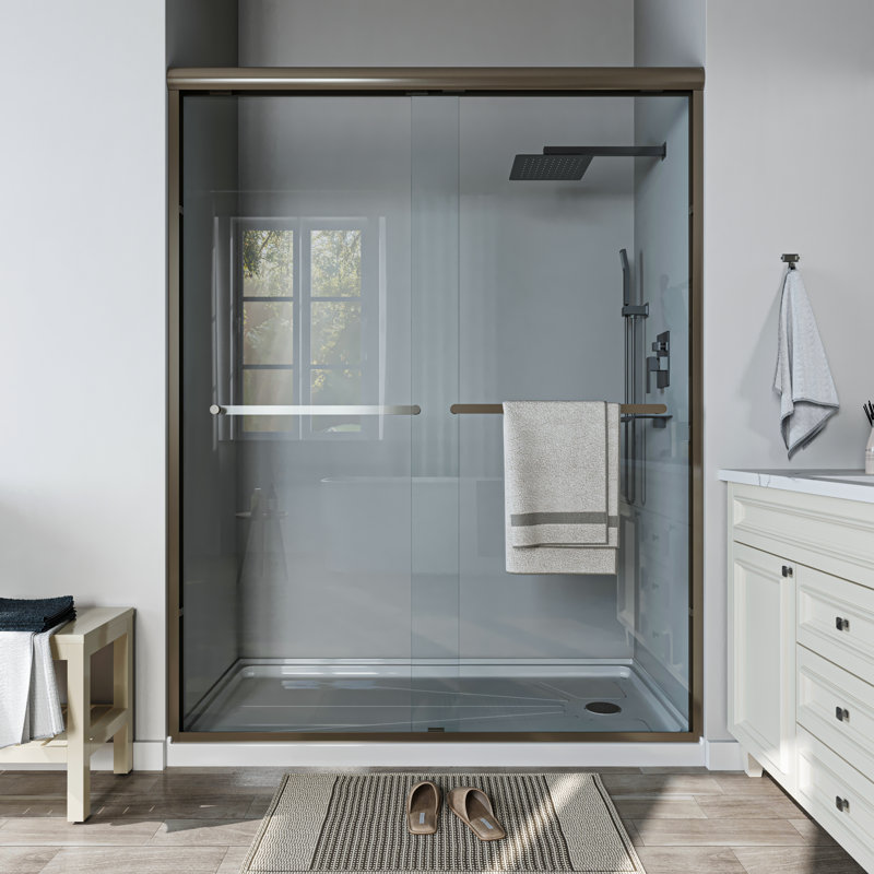 Porte de douche coulissante encadrée en noir mat avec verre transparent, Bronze huilé, bronze