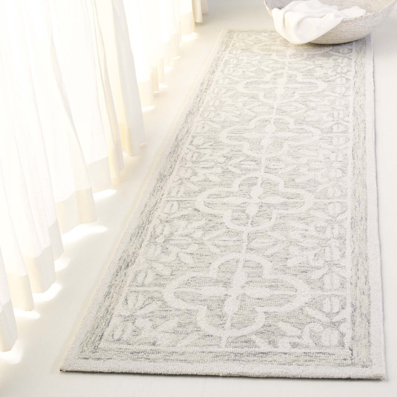 Tapis ivoire / gris touffeté à la main Damask, Tapis de couloir 2 pi 3 po x 8 pi