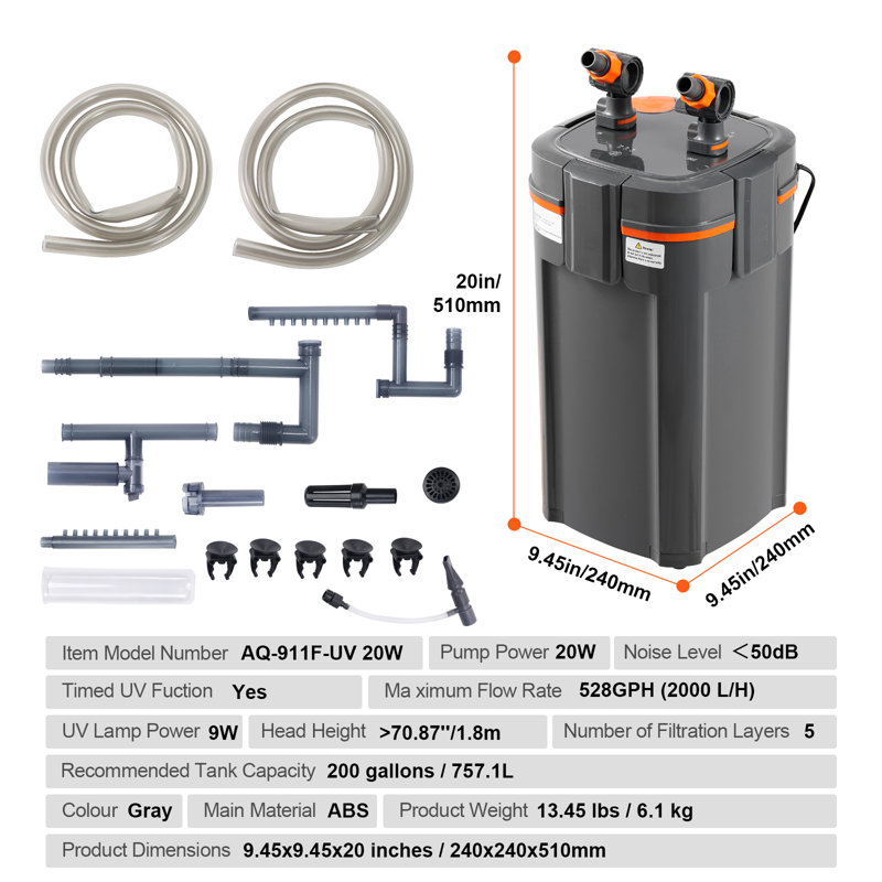 Filtre d'aquarium 528 GPH, filtre externe à 5 étapes 200 gallons, 20 W, filtre interne ultra-silencieux avec protection UV, filtre submersible multifonction pour aquariums