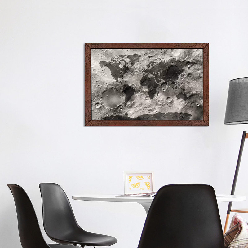 World Map On The Moon's Surface by Michael Tompsett - Print on Canvas, 152.5 cm H x 101.5 cm W, Brown Framed