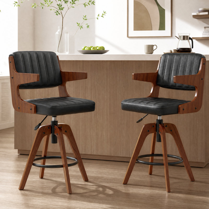 Adjustable Height Swivel Faux Leather Bar Stools(Set of 2), Black, 2