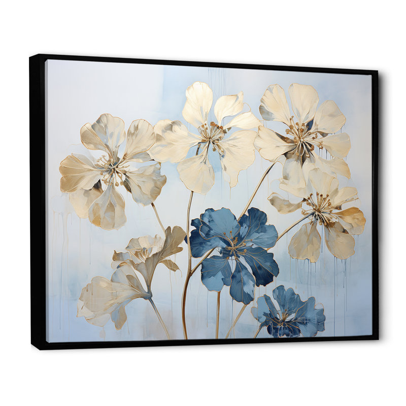 Fleurs de géraniums beiges et bleus, Cadre flottant noir, H 30 po x l 40 po x P 1,5 po