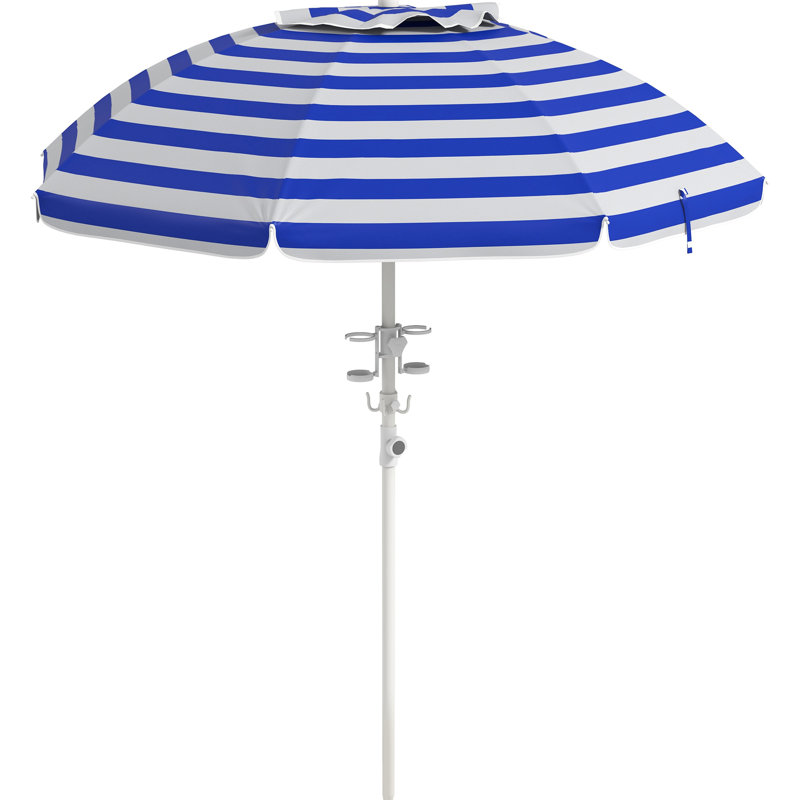 Parasol portatif de 40 ans et plus, réglable et inclinable, 2 crochets pour porte-gobelet, auvent de ventilation à rayures bleues et blanches, abri protégé, parasol ventilé