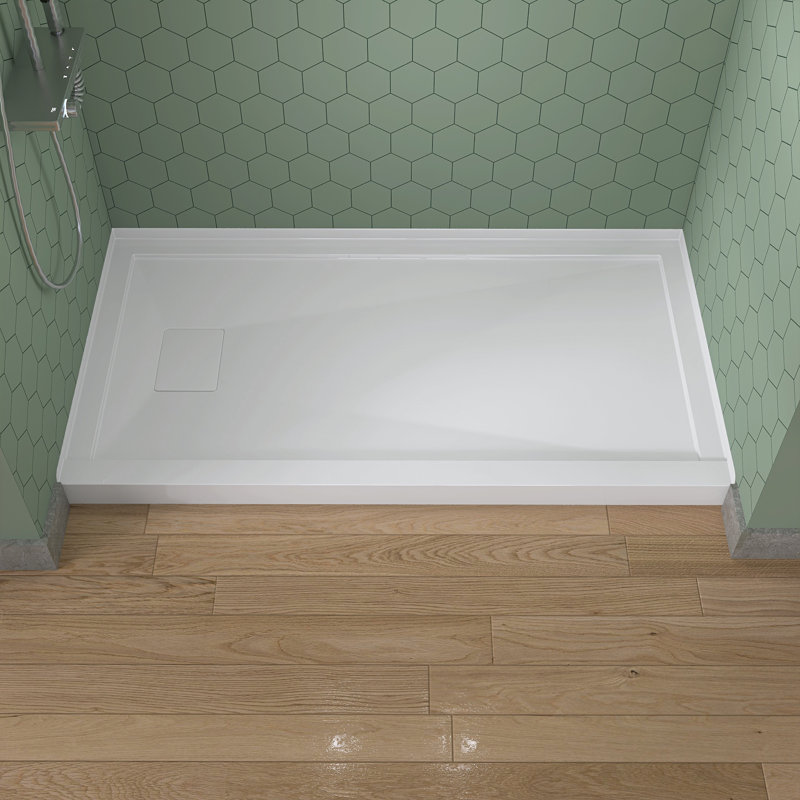 60 po x 32 po Base de douche en acrylique à simple seuil avec drain carré caché latéral en blanc