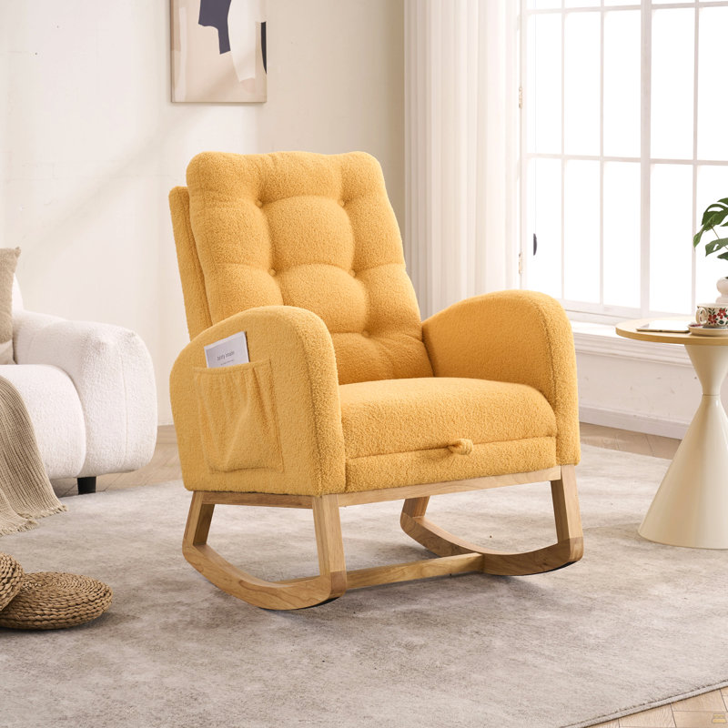 Chaise berçante d'appoint jaune avec repose-pieds et pieds en bois d'hévéa à haut dossier, Jaune