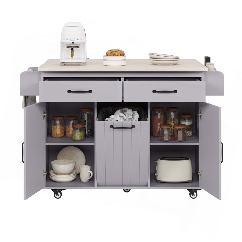 Kitchen Island With Trash Can Storage Cabinet, Adjustable Shelf,  Drop Leaf, Spice Rack, Towel Rack & Drawer, Particle Board