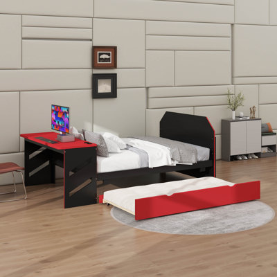 Lit de jour en bois pleine grandeur avec lit gigogne simple, bureau et port USB