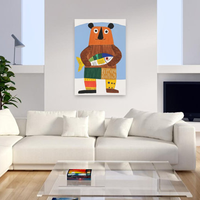 Cute Bear Holding Fish Colorful Playful Whimsical Bear Fish Nature Wall Art Print 1 Piece Wrapped Canvas Wall Art