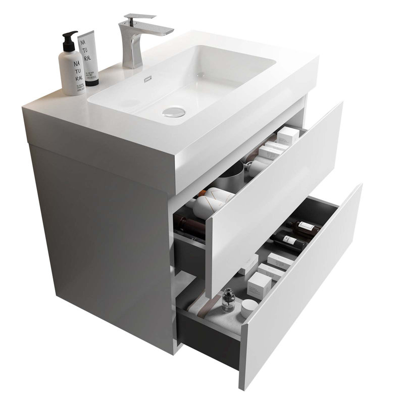 Meuble-lavabo de salle de bain avec lavabo, grand meuble-lavabo flottant mural, Blanc, Blanc