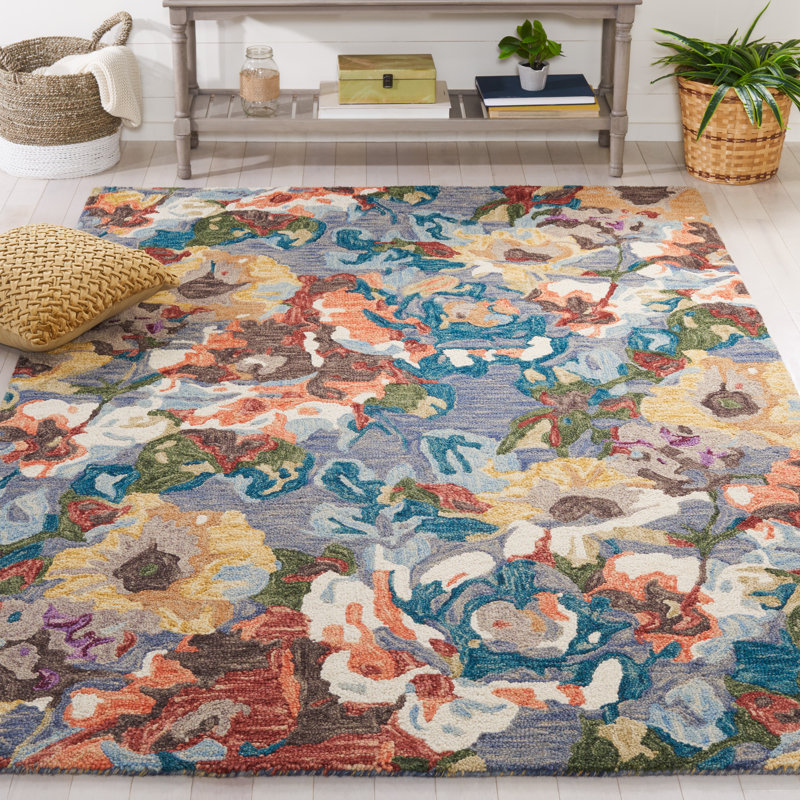 Akhira Floral Hand Tufted Wool/Cotton Area Rug in Light Blue/Rust, Rectangle 8' x 10'