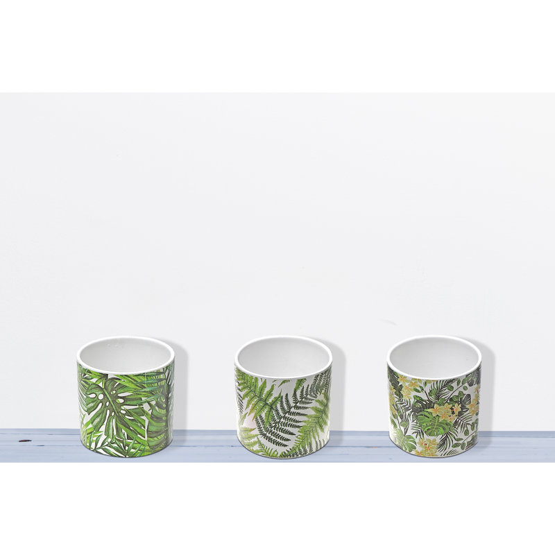 Set of 3 Green Leaf Design Ceramic Planters