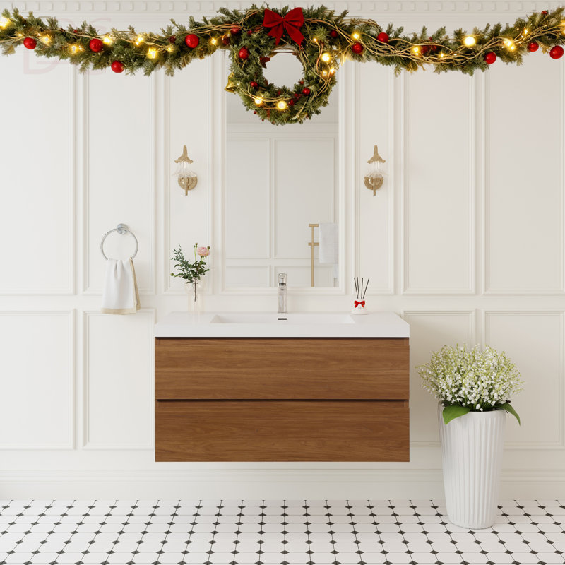 Meuble-lavabo flottant 42 po avec lavabo, meuble de rangement mural avec lavabo à surface solide et tiroirs à fermeture en douceur entièrement assemblés