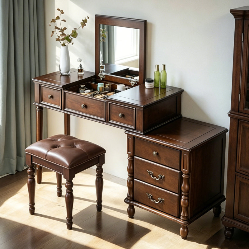 59.06"American-style brown solid wood dressing table with flip-up mirror