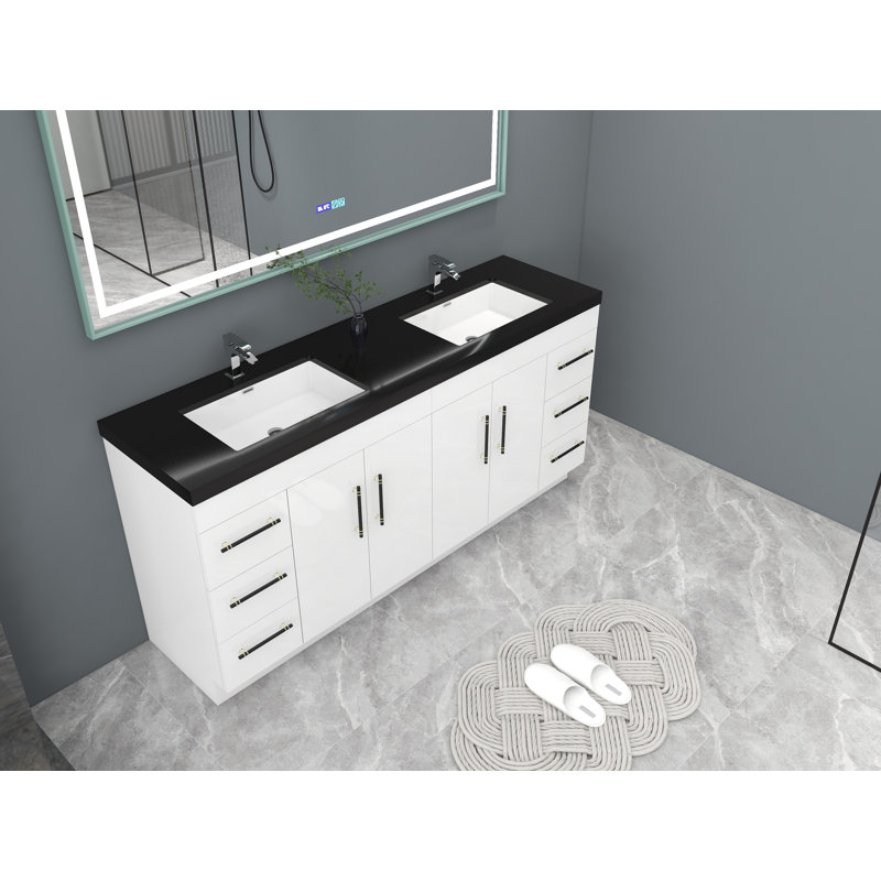 Campman 72'' Double Bathroom Vanity with Plastic Top, High Gloss White, Matte Black