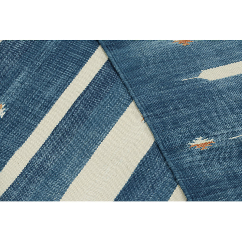 Rug & Kilim’S Contemporary Dhurrie Rug In Blue With White Stripes, Rectangle 10' x 14'
