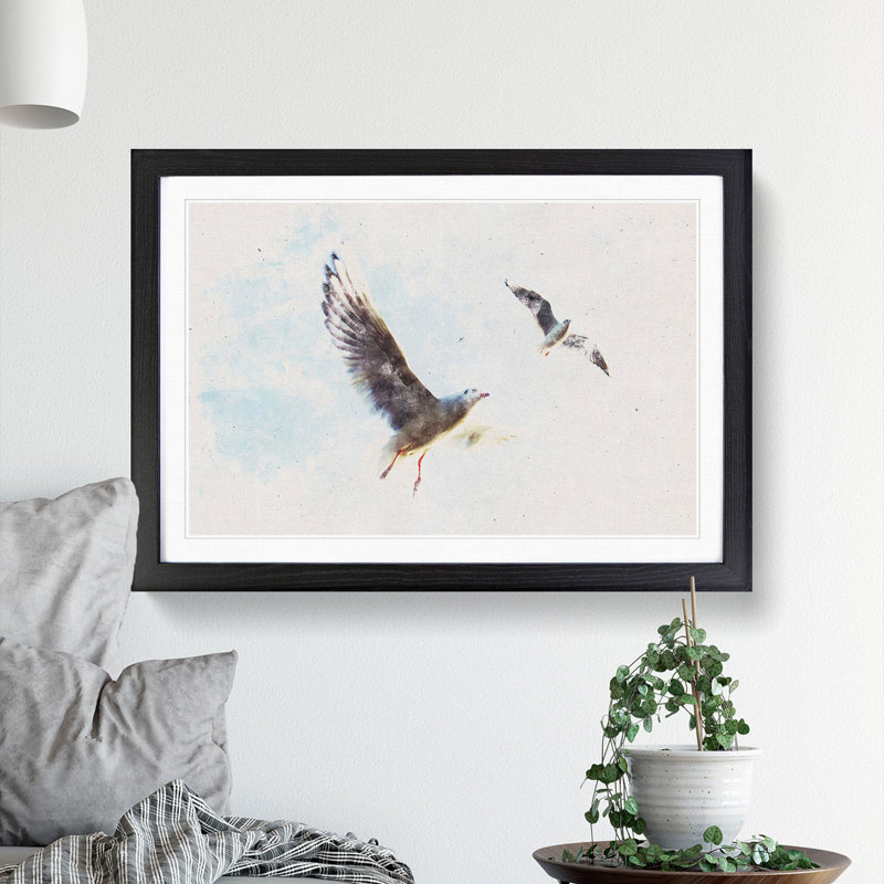 Pair of Flying Seagulls - Framed Print, 33cm H x 45cm W x 2cm D, Black Framed