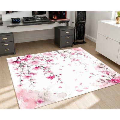 Tapis à motif floral aquarelle, branches fleuries roses, tapis antidérapant au design artistique, décoration intérieure élégante pour salon, chambre, entrée, cuisine, balcon, appartement