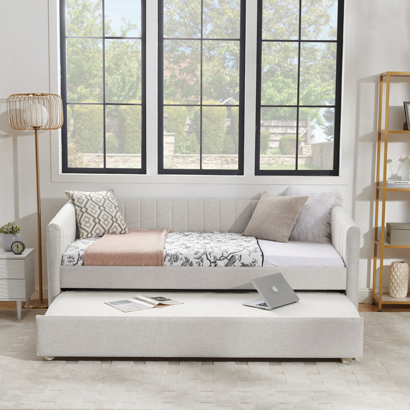 Daybed with trundle - upholstered sofa bed, vertical stripes, linen fabric, Beige, Twin