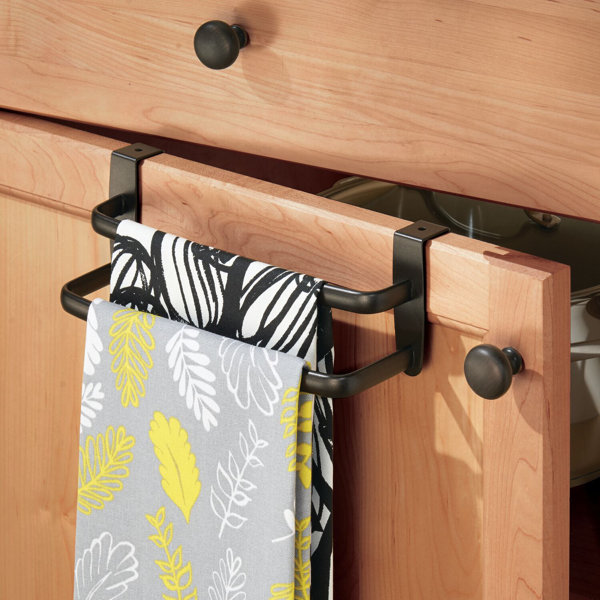 mDesign Modern Kitchen Over Cabinet Strong Steel Towel Bar Rack - Hang on Inside