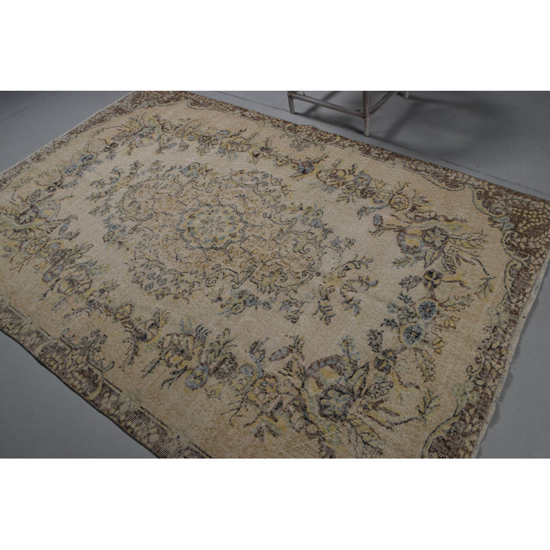Grand tapis Oushak en laine beige rétro idéal pour les espaces repas et extérieurs