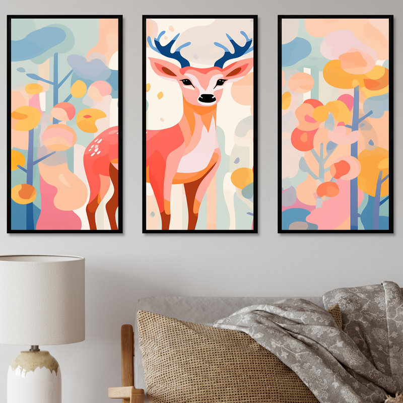 Art floral mural, cerf rose, H 28 po x l 36 po, Cadre flottant noir