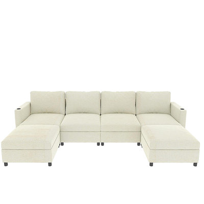 Modern large sofa, U-shaped modular sofa bed with storage function, 123-inch sofa bed with footstool, 6-person sofa bed, fabric sofa