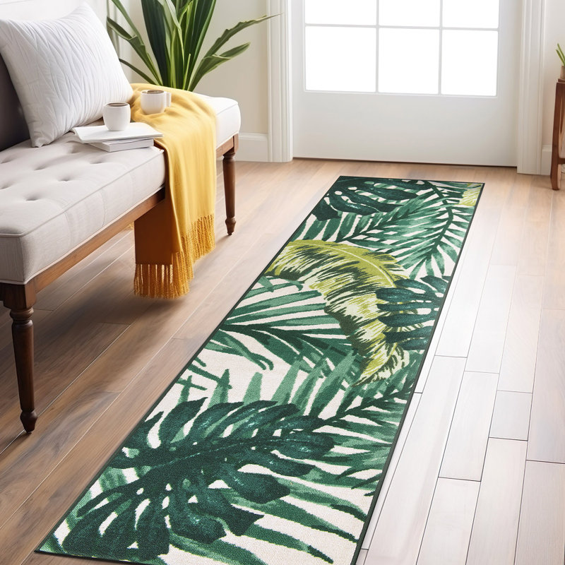 Contemporary Tropical Floral Leaves Non Slip Area Rug, Runner 1'10" x 7'