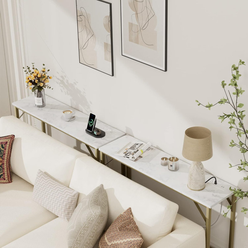 Narrow Console Table With Charging Station, Gold & White Sofa Table For Living Room, Behind Couch Table With 2 Outlets & 2 USB Ports, Entryway Hallway Table