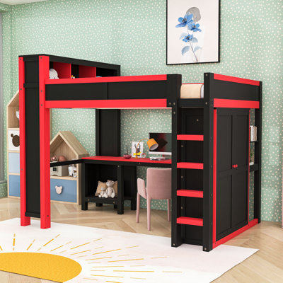 Grand lit mezzanine en bois avec bureau, garde-robe, ports USB et tablettes de rangement