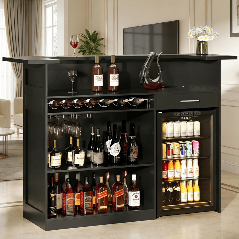 Framed Buffet Cabinet with Built-in Power Outlets & Wine Rack, Tall Sideboard Storage Credenza for Kitchen, Dining Room, Home Bar, Compatible with Mini Fridge, in Rustic Brown